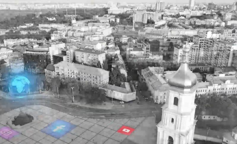 A city skyline with a digital overlay, from a social media film we made