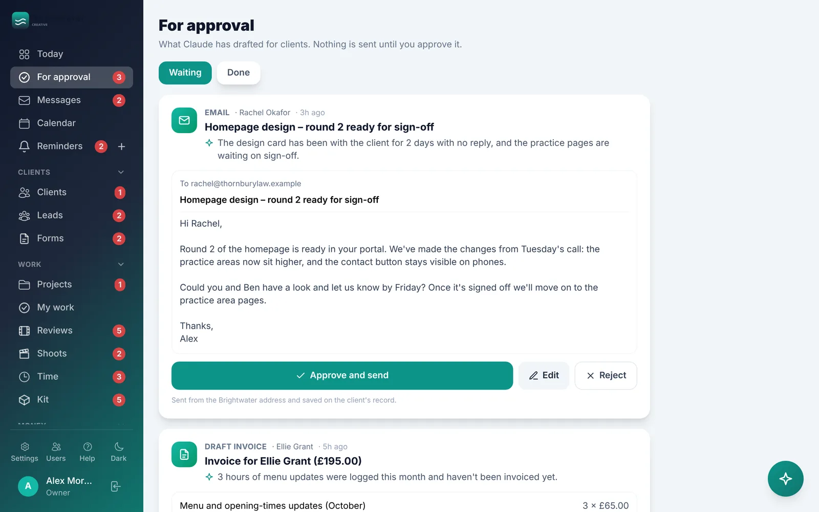 Drafts from the assistant waiting for approval