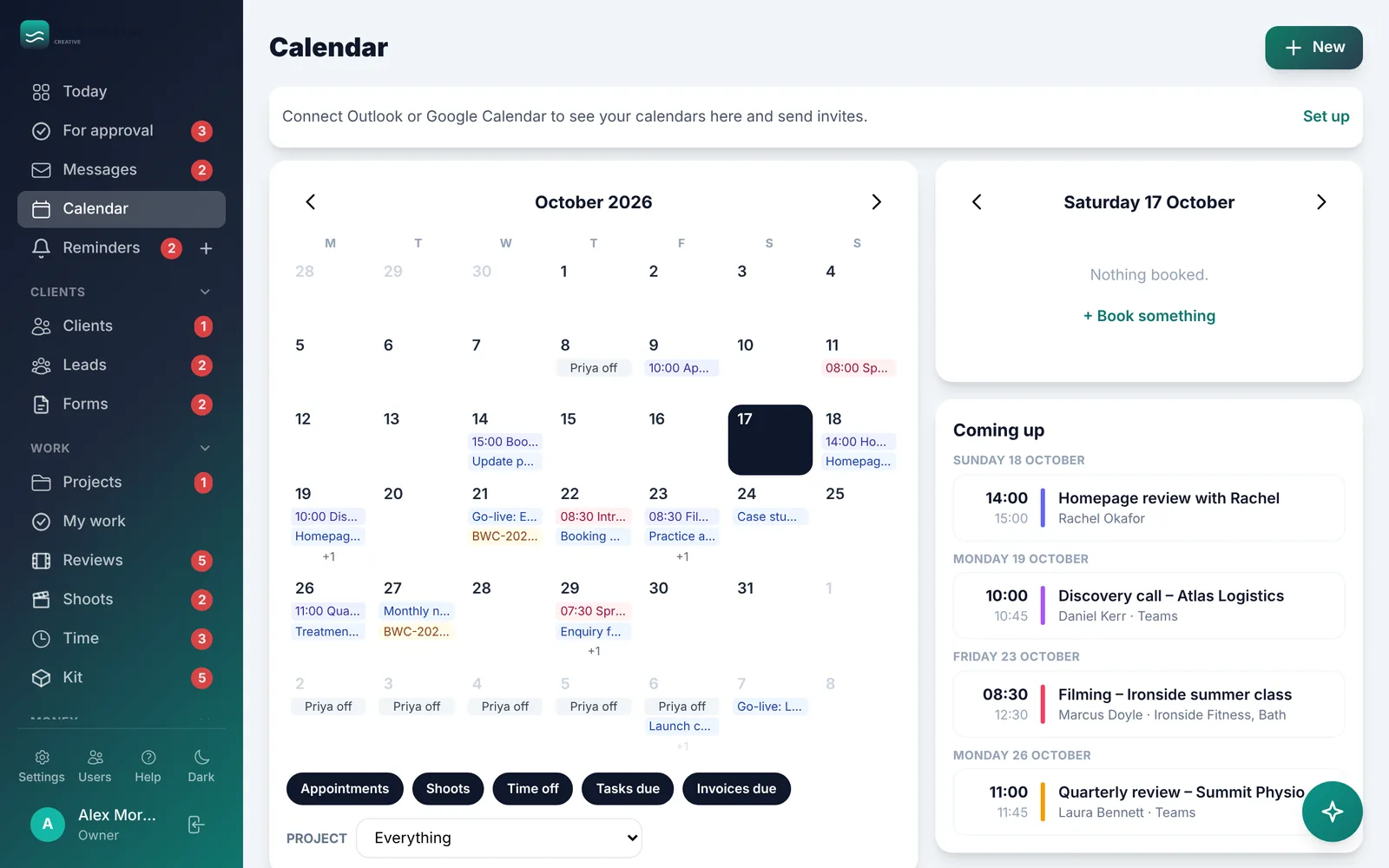 HQ calendar with appointments, shoots and invoices due