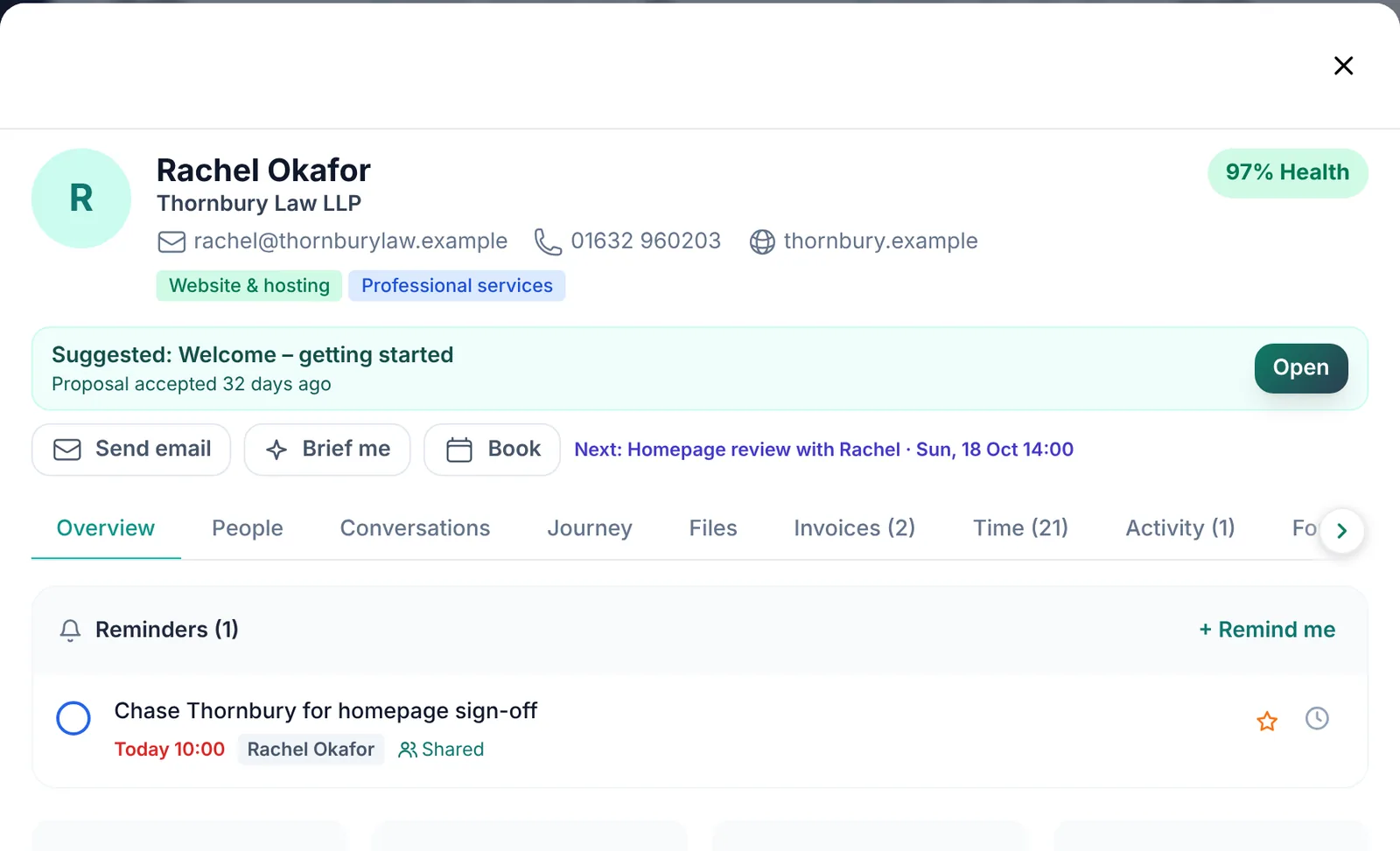 A client page in HQ with suggestions, reminders, revenue and hours