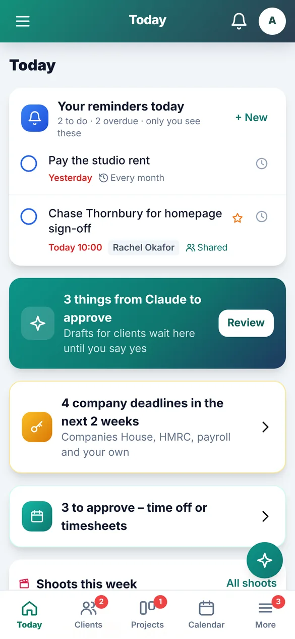 HQ on a phone: the Today page with your reminders
