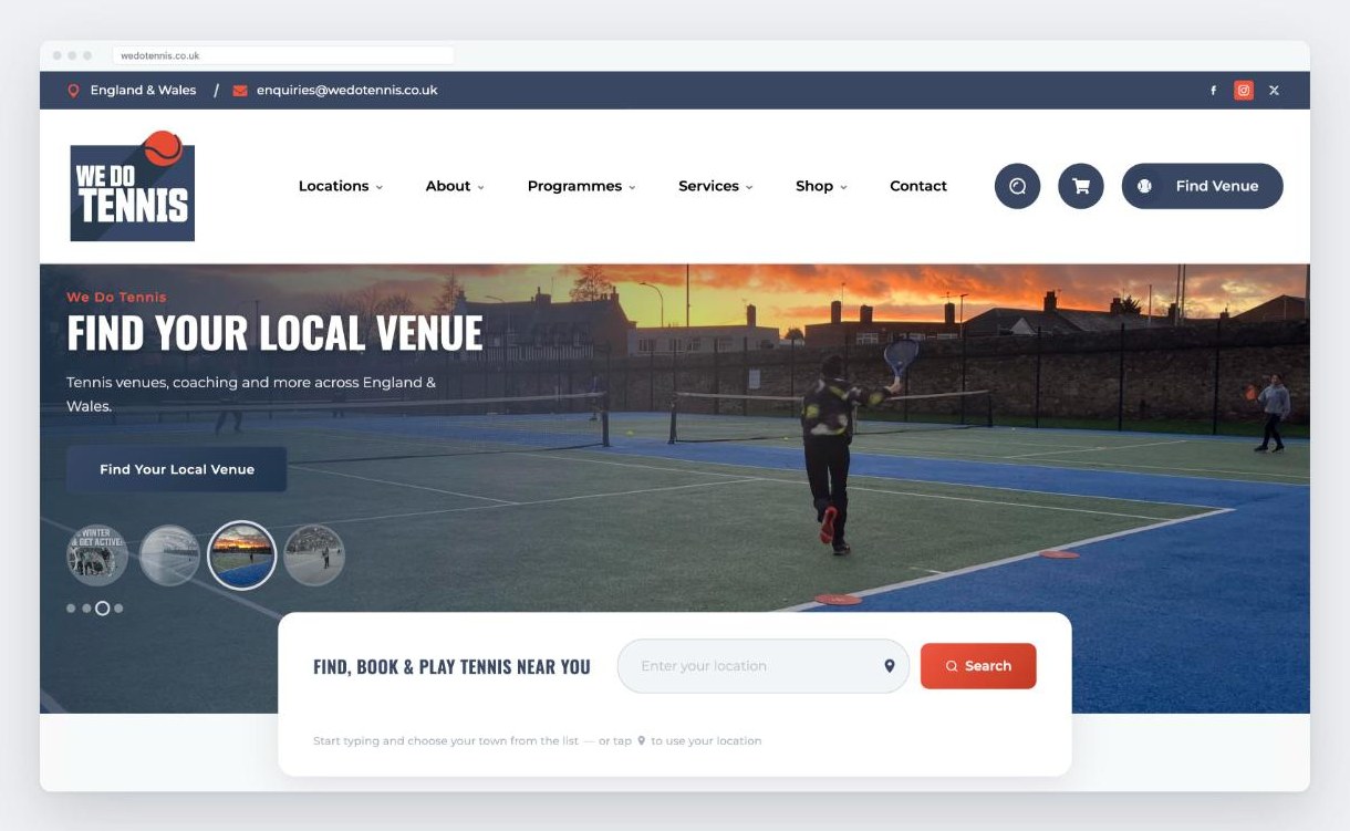 The We Do Tennis homepage on desktop, with the venue search at its centre