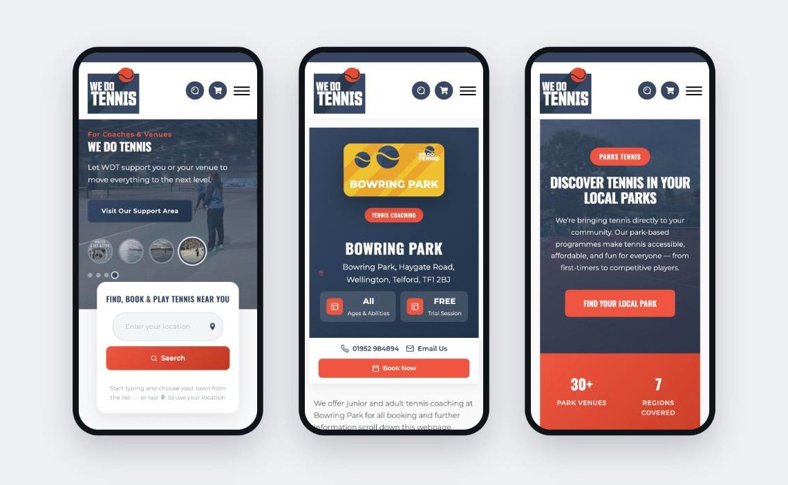 Three We Do Tennis pages on mobile: the homepage search, a venue page and the parks programme