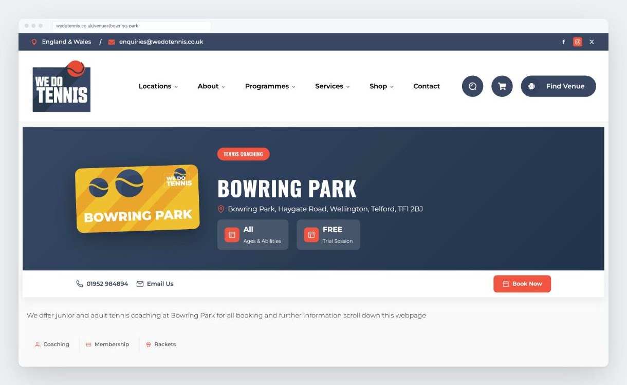 A We Do Tennis venue page on desktop, showing the venue, its address and a Book now button